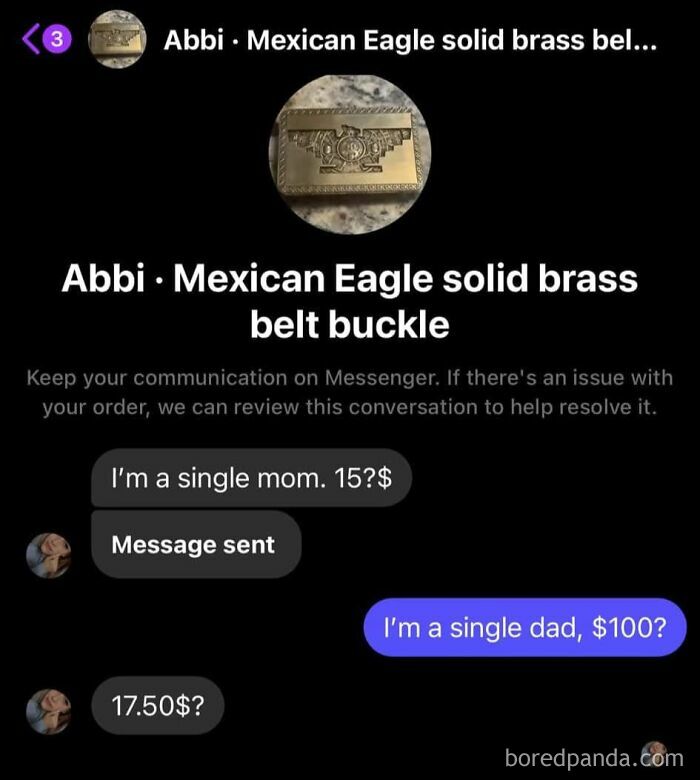 Mexican Eagle brass belt buckle on Facebook Marketplace with humorous price negotiation chat.
