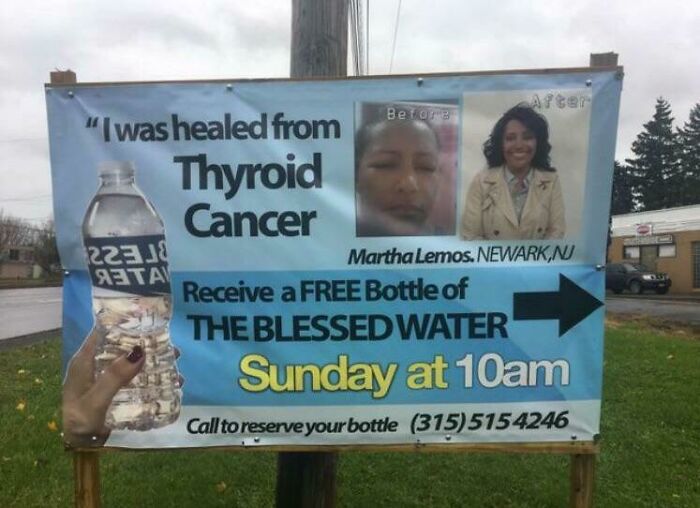 Sign offering free blessed water claiming to heal thyroid cancer, with before-and-after photos and contact number.