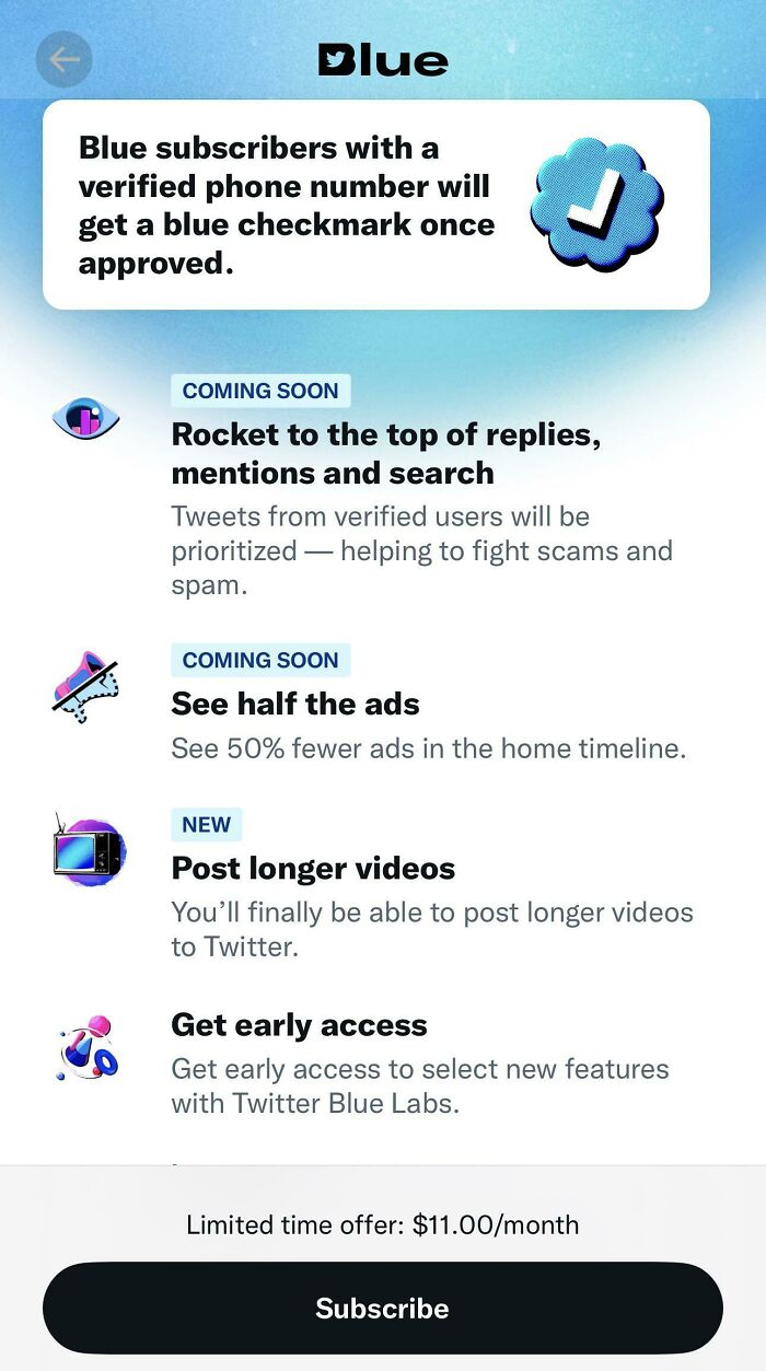 Subscription service offers features like blue checkmark, fewer ads, posting longer videos; limited time offer $11/month.