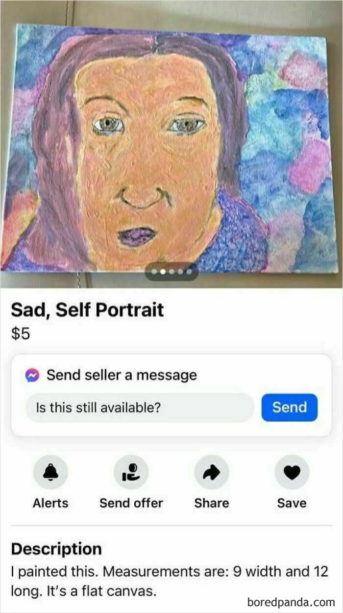 Painting listed on Facebook Marketplace titled "Sad, Self Portrait" for sale at $5.