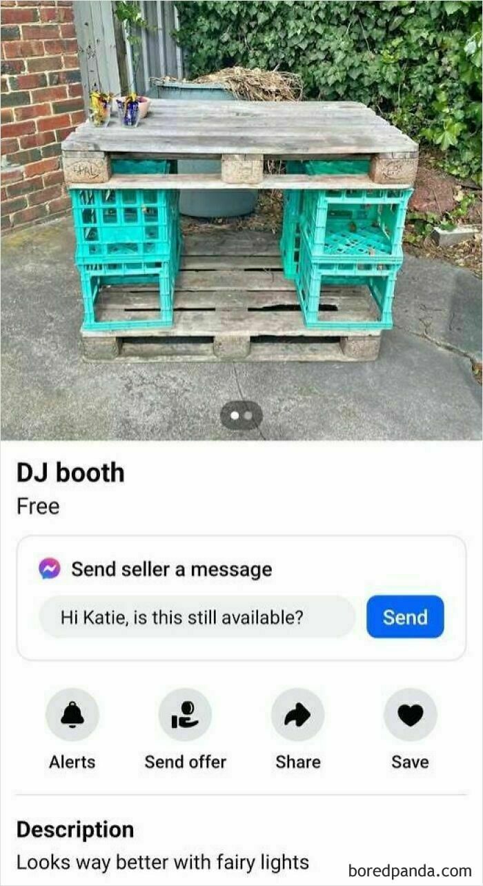 Wooden pallet and crates labeled as a DJ booth on Facebook Marketplace.