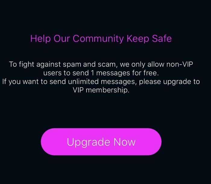 “Prompt to upgrade for VIP membership to combat spam and scams, offering unlimited messaging.”