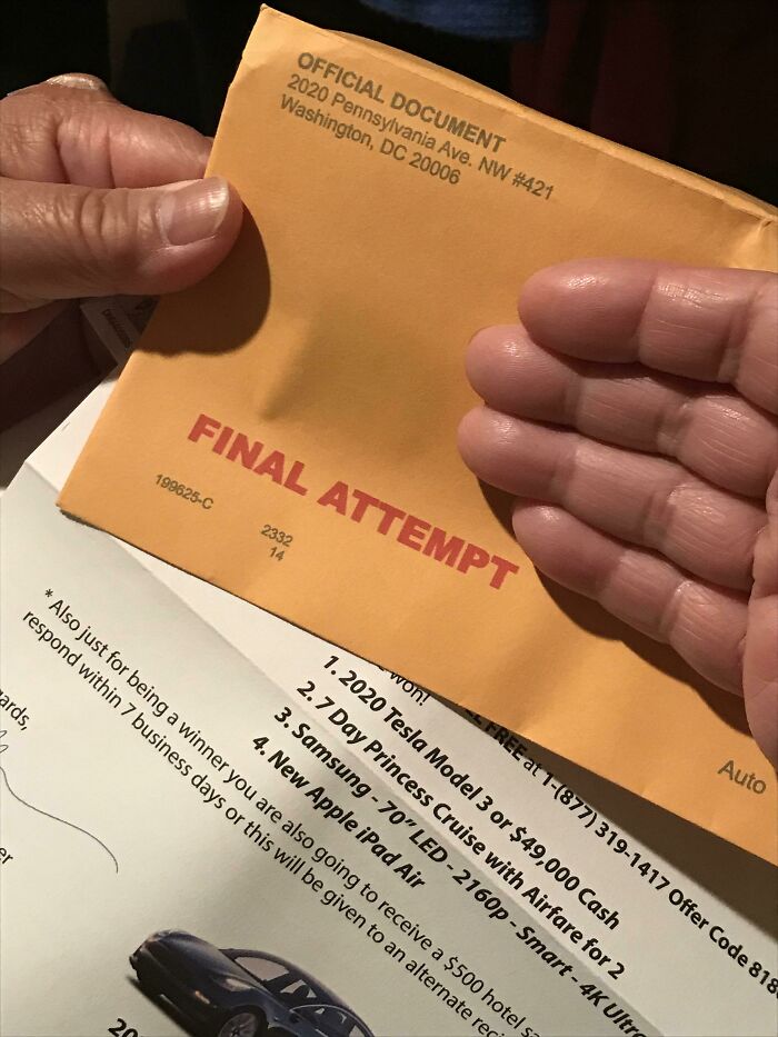 Hands holding a scam letter marked "Final Attempt," suggesting fake prizes like a Tesla and cruise.