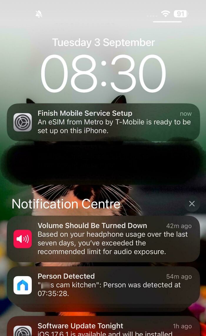 Notifications on an iPhone with alerts about eSIM setup, volume warning, person detection, and software update in progress.