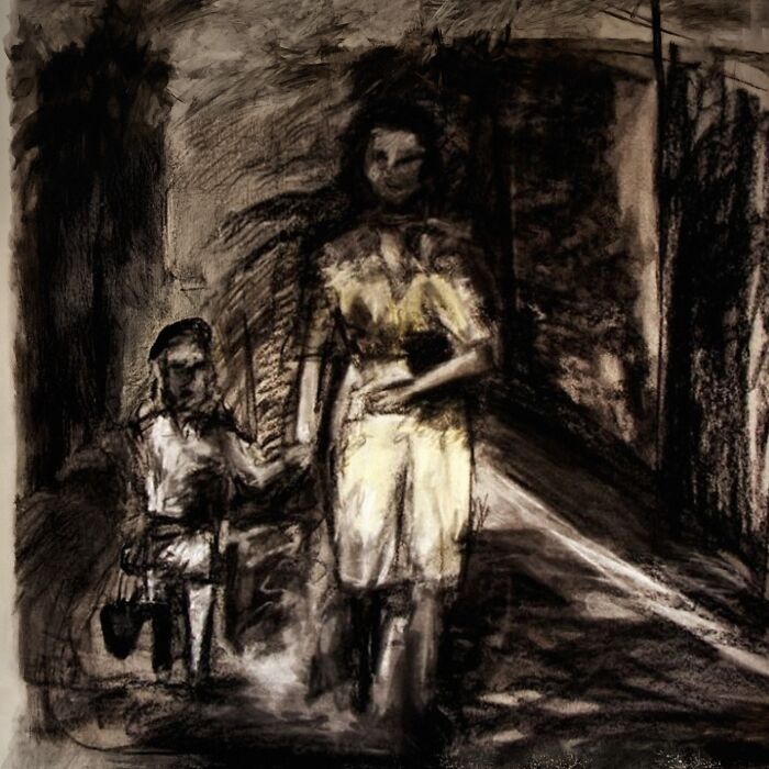 Eerie scenery painting of figures, inspired by industrial decay and folklore, evokes mystery and nostalgia.