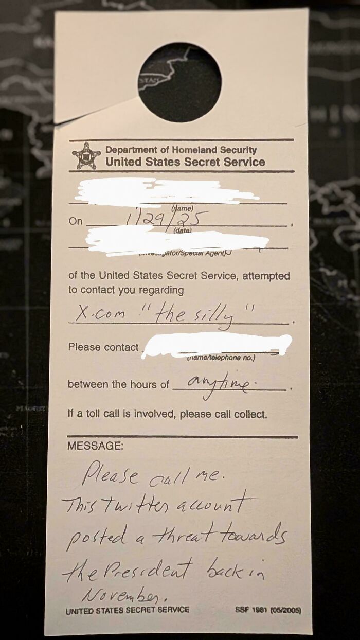 United States Secret Service note highlighting a potential scam involving a Twitter threat.