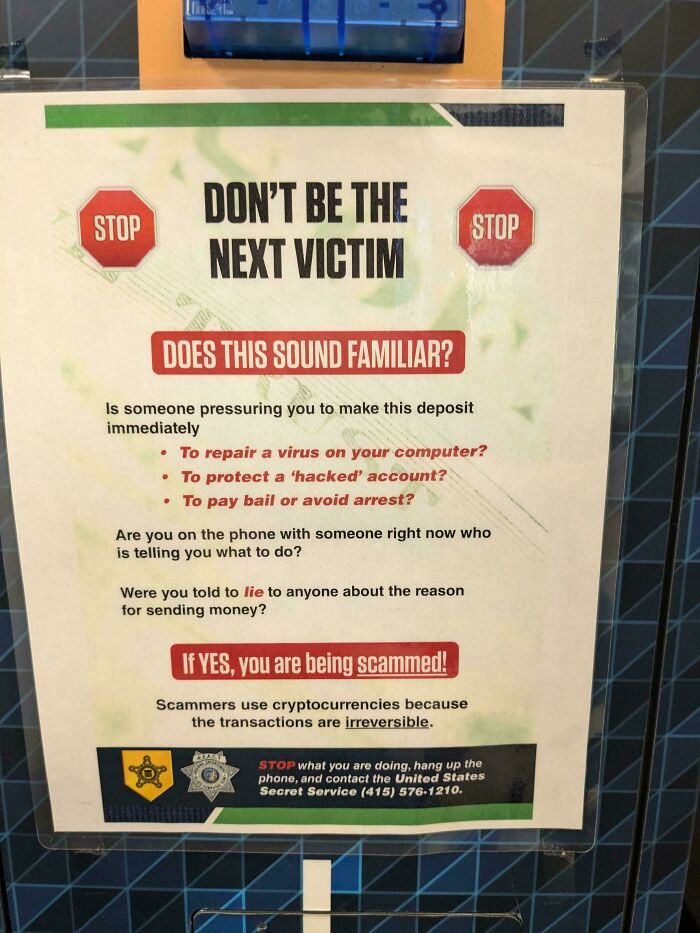 Sign warning about shameless scams, advising people to beware of fraud tactics involving pressure and cryptocurrency.