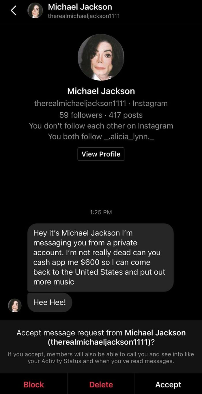 Fake profile scam pretending to be a famous person requesting money via message.