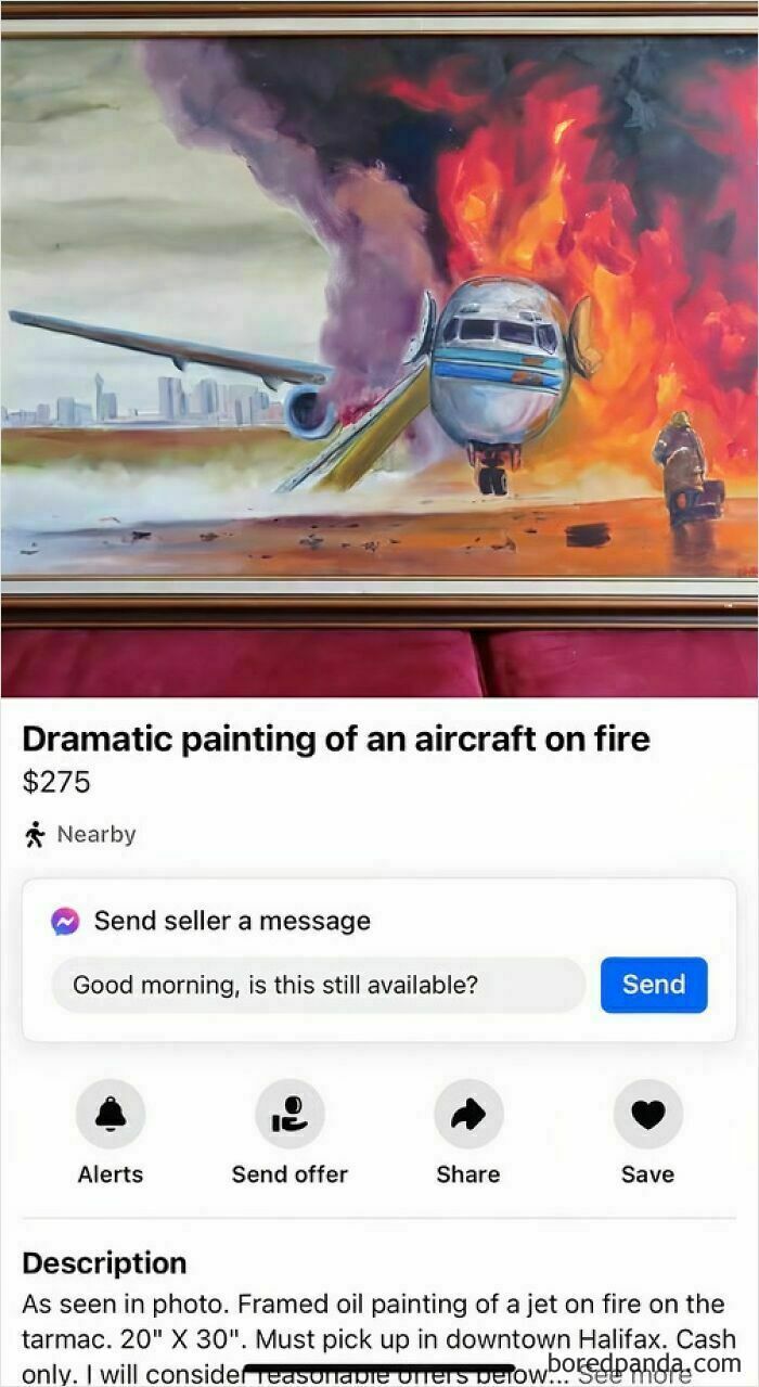 Painting of a burning aircraft listed on Facebook Marketplace for $275.
