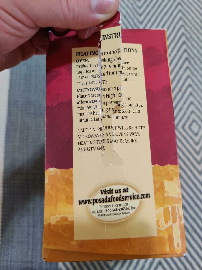 A packaging design fail where opening the box tears through the heating instructions.
