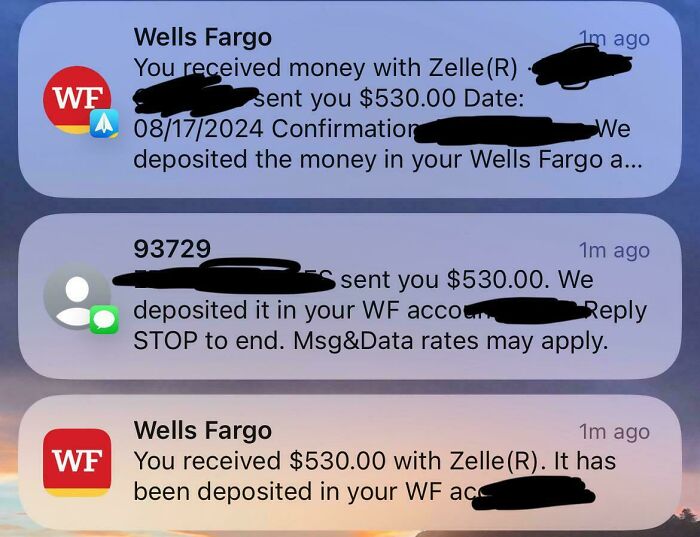 Fake notifications claiming $530 received via Zelle. Potential scam alert for bank account holders.
