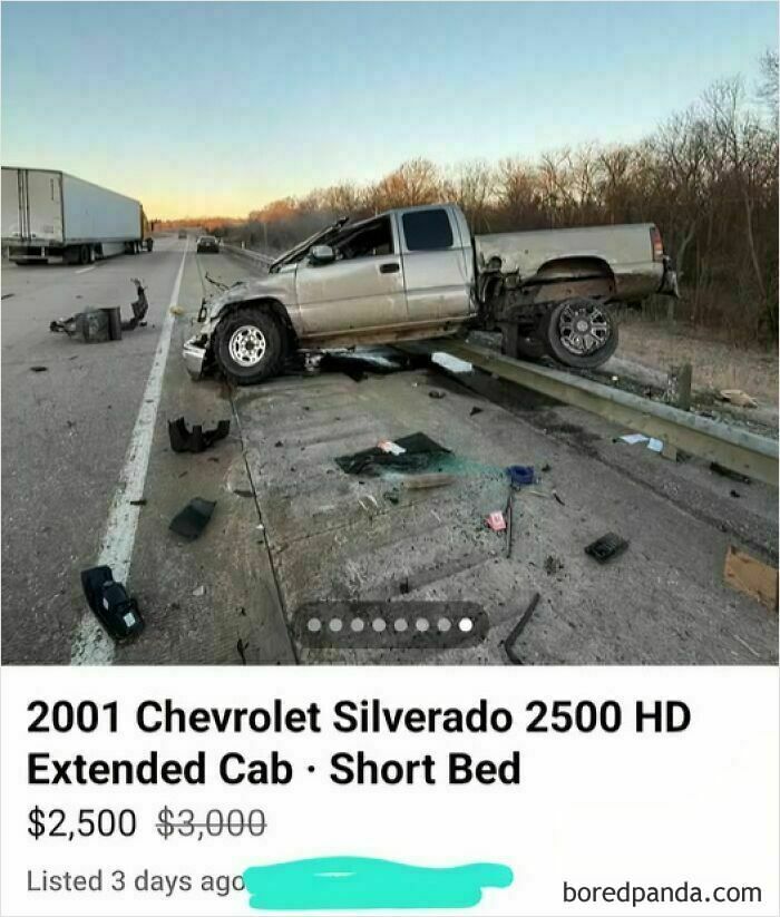 Damaged Chevrolet Silverado listed on Facebook Marketplace for sale at $2,500.