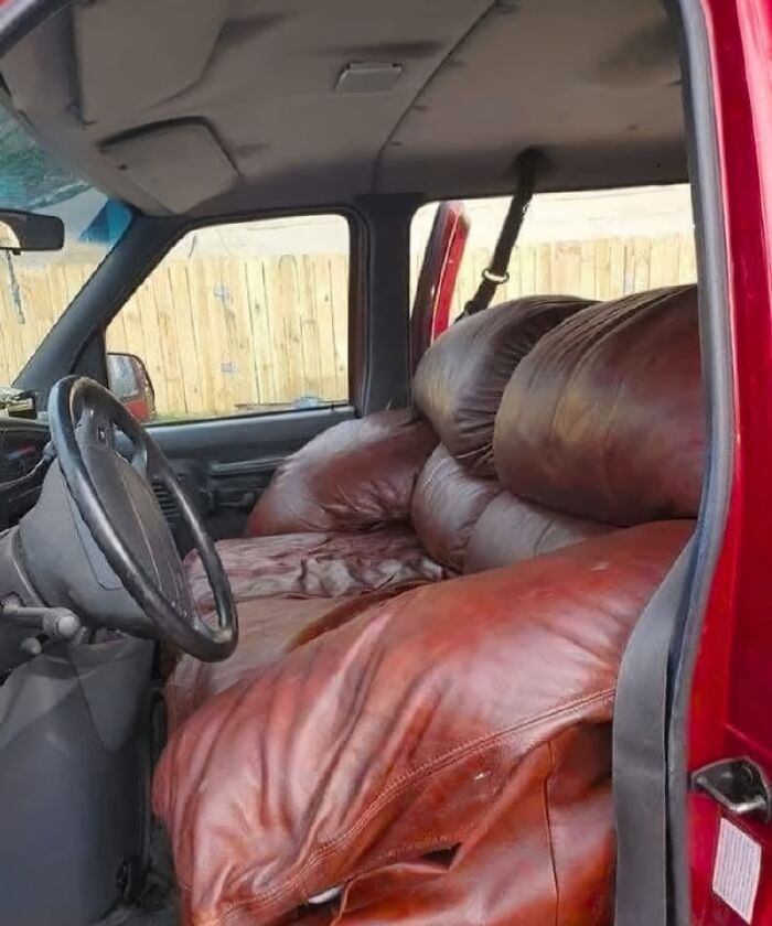 Red truck interior with a large brown leather couch as a seat, creating a funny and random scene.
