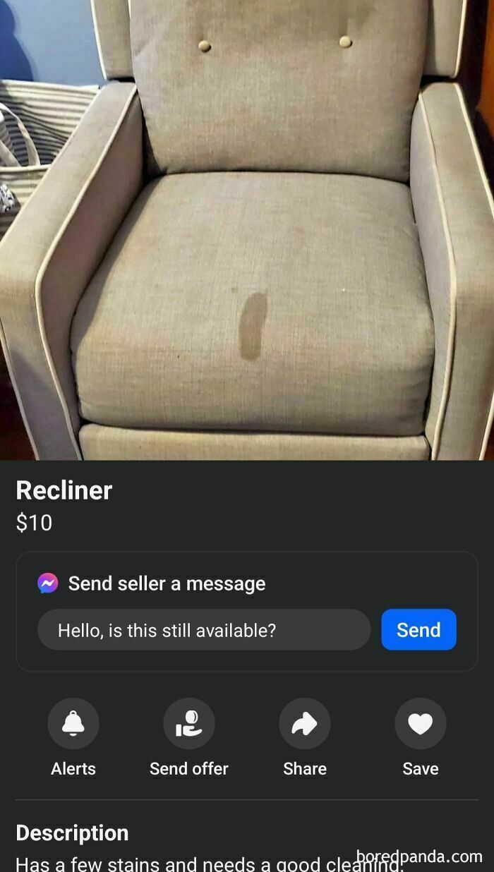 Recliner for sale on Facebook Marketplace with noticeable stain, listed at $10.
