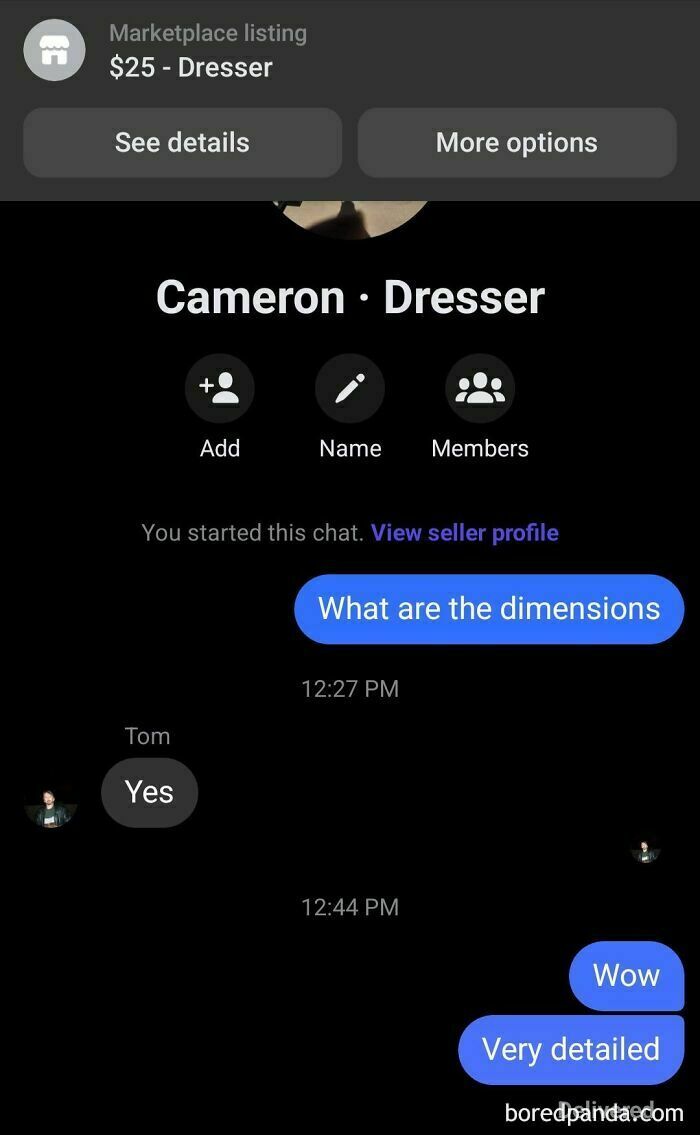Facebook Marketplace post showing a $25 dresser with humorous response about dimensions.