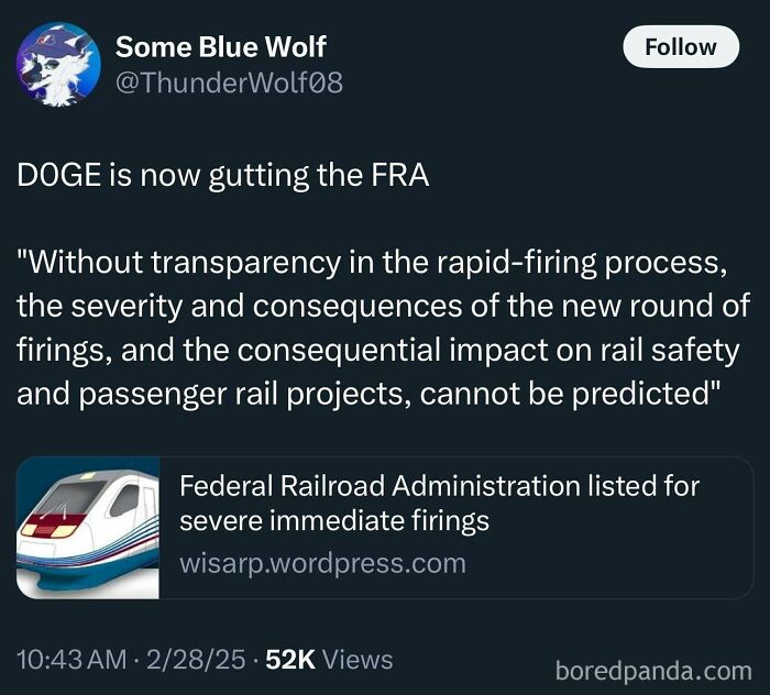 Tweet about an unsuccessful attempt at transparency in Federal Railroad Administration firings.