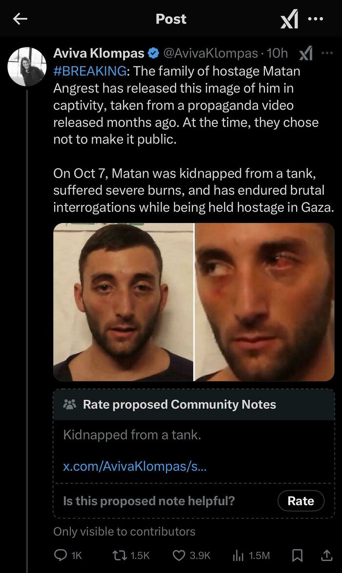 Tweet about an attempt related to hostage Matan Angrest's release, with his image shared publicly for the first time.