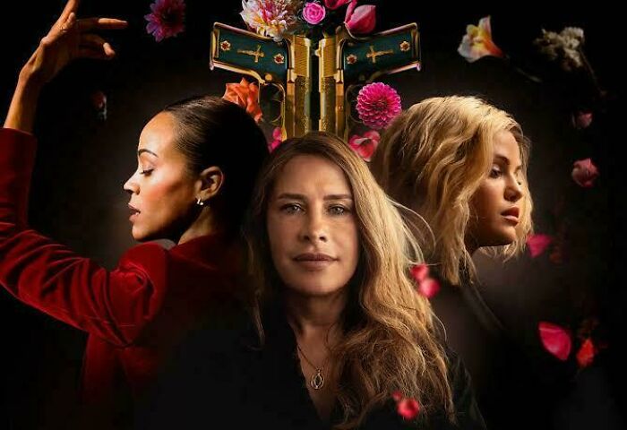 Three women posing with floating flowers and guns, highlighting questionable movie details mocked by cinephiles online.