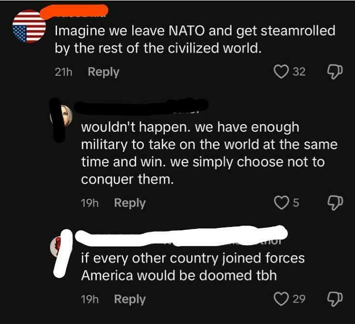 Social media comments showing Americans confidently posting the dumbest things about military and global power.