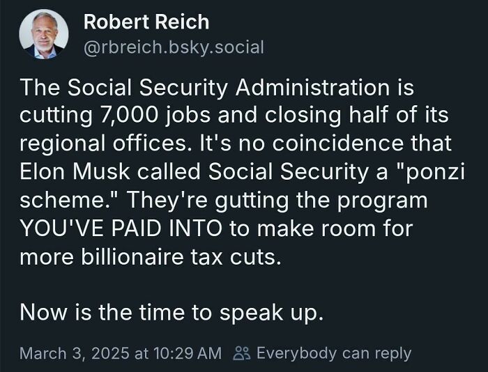 Tweet highlighting the courage to speak up about Social Security job cuts and billionaire tax policies.