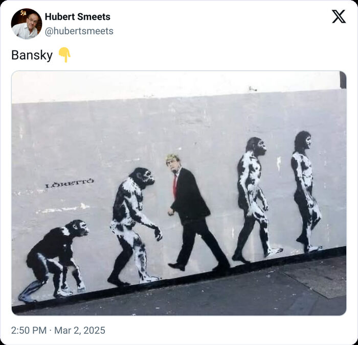 Street art mural showing evolution from ape to human with a figure resembling Donald Trump, highlighting courageous tweets.