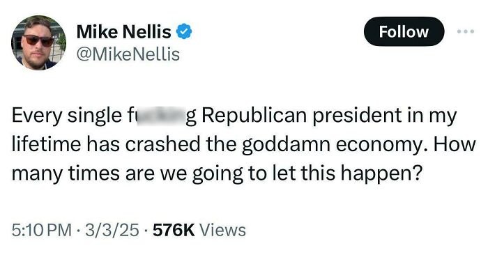 Tweet showing bold political opinion on Republican presidents and economic crashes, highlighting courageous tweets from users.