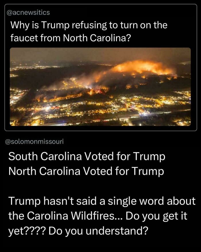 Image shows a nighttime wildfire over a city with text about political indifference to Carolina wildfires, reflecting boring dystopia.