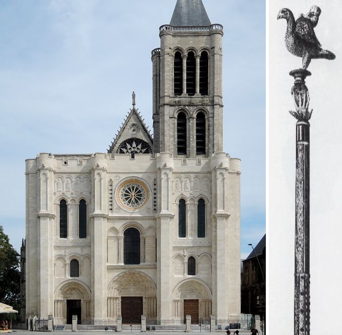 Facade of a historic cathedral with an illustration of a lost treasure staff topped with an eagle.