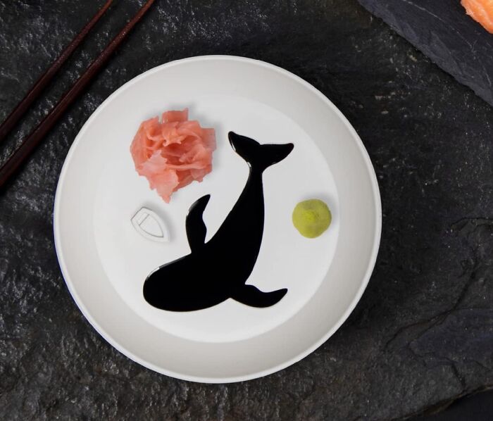 Sushi plate from Peleg Design with whale soy sauce shape, ginger, and wasabi.