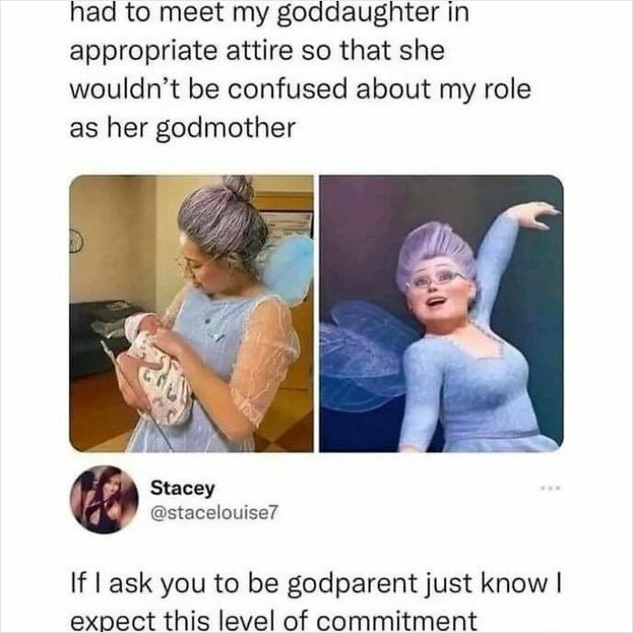 A woman dressed as a fairy godmother with a baby, referencing nostalgic cartoons.