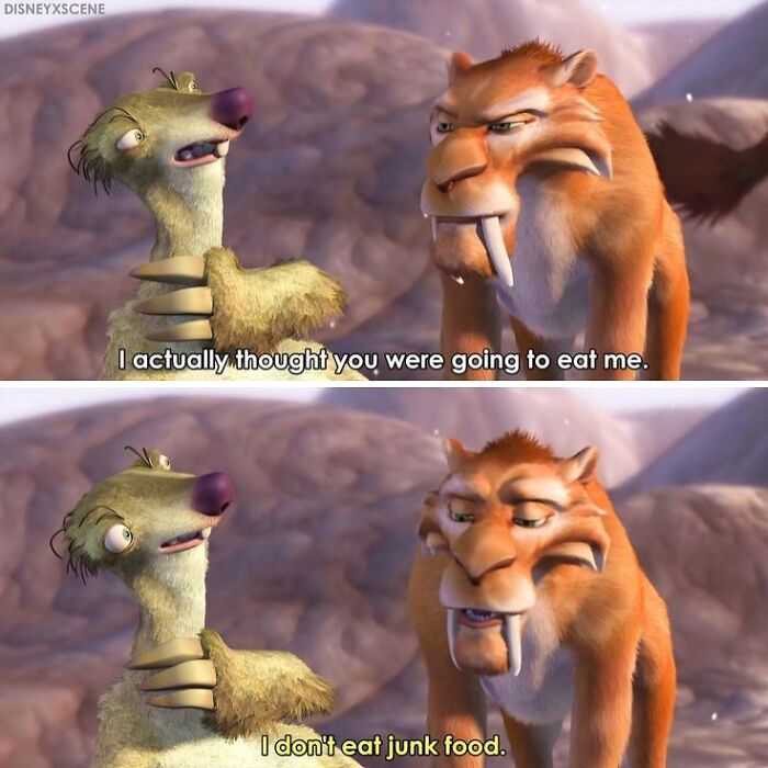 Cartoon characters from Ice Age exchanging humorous dialogue, evoking nostalgia.