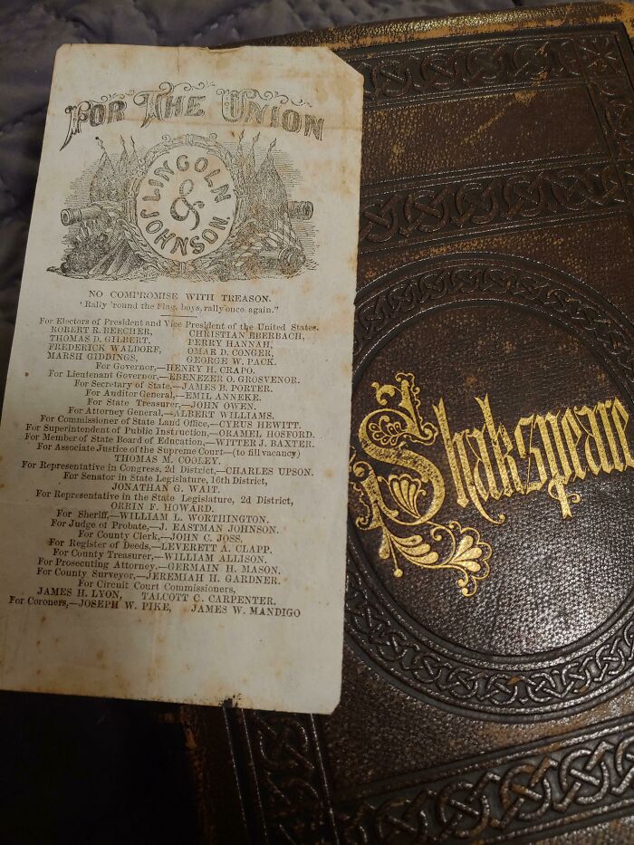 Antique bookmark featuring Lincoln campaign details next to an ornate Shakespeare book cover.