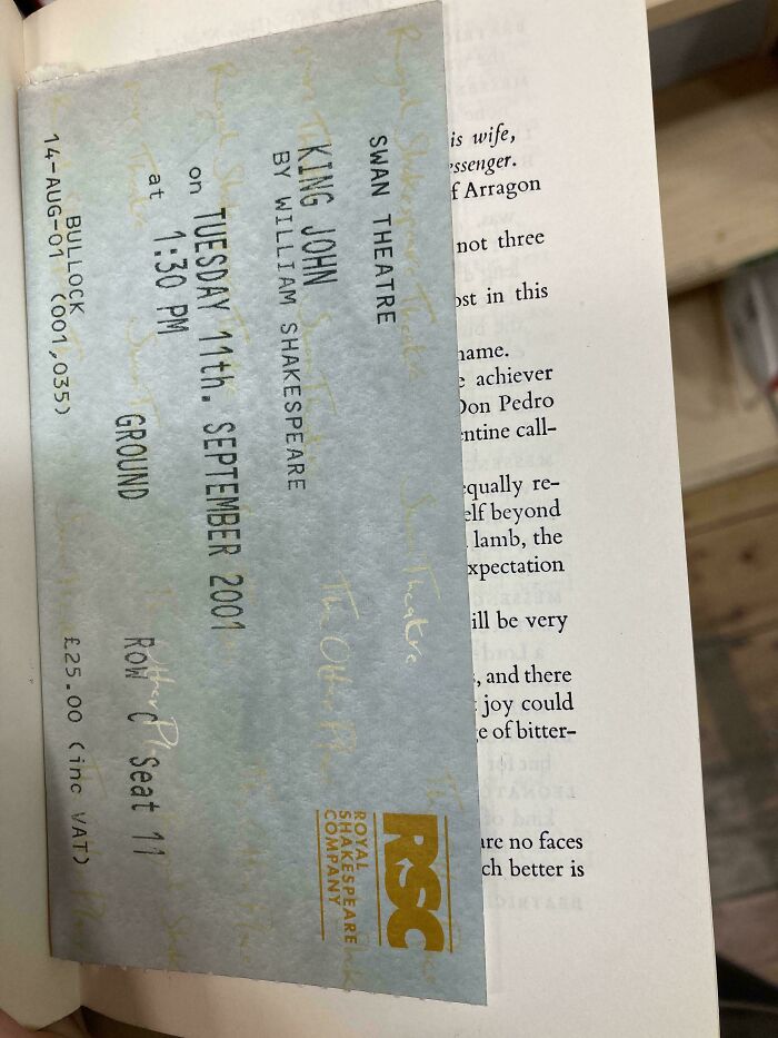 Unique bookmark: a theater ticket from a Shakespeare play used between book pages by a book lover.