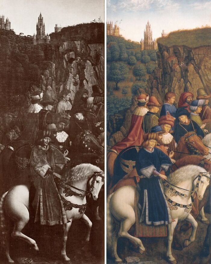 Medieval art depicting a procession with figures on white horses, representing real-life lost treasures.