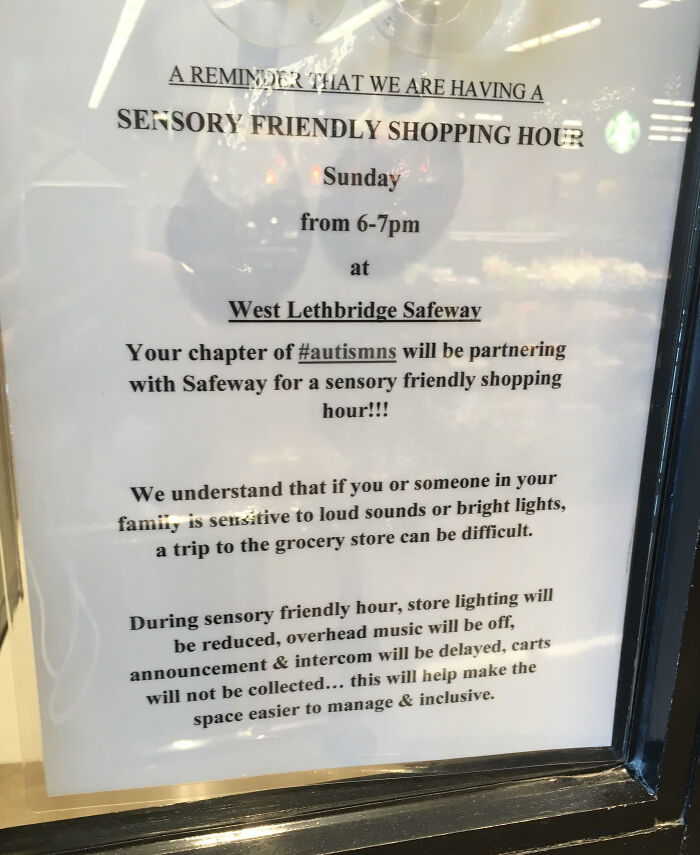 Sign in a Canadian Safeway announcing a sensory-friendly shopping hour with reduced lighting and sound.