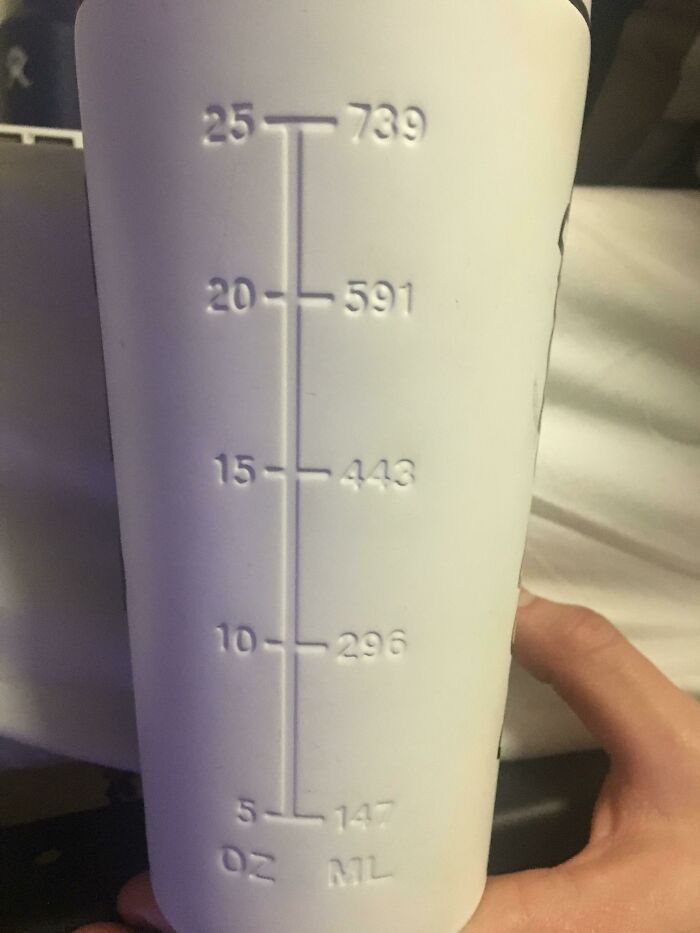 Cup design fail with incorrect measurement labels, showing both ounces and milliliters in mismatched columns.