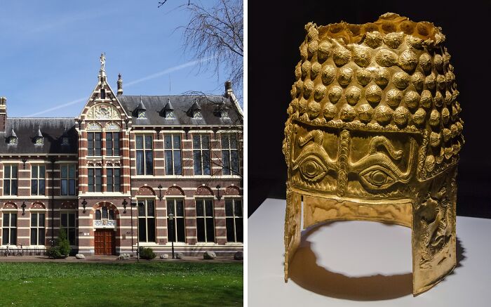 Historic building with ornate facade; ancient golden treasure with intricate patterns.