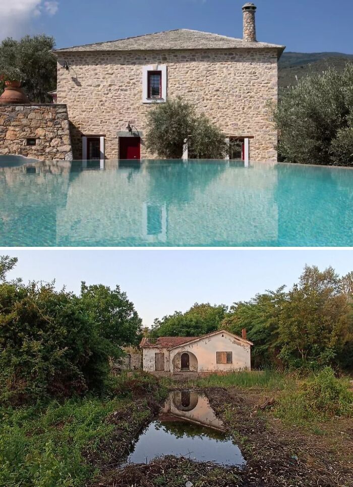 Charming stone house above, overgrown house with muddy yard below; highlights unmet expectations at an Airbnb.