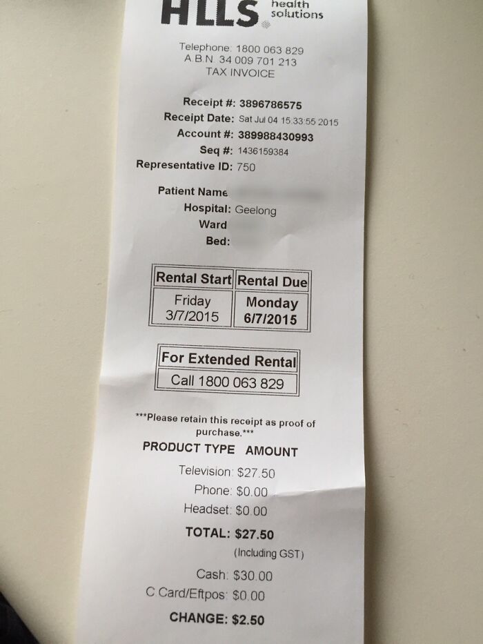 Receipt from Hills Health Solutions showing rental details, demonstrating how countries care for citizens’ needs.