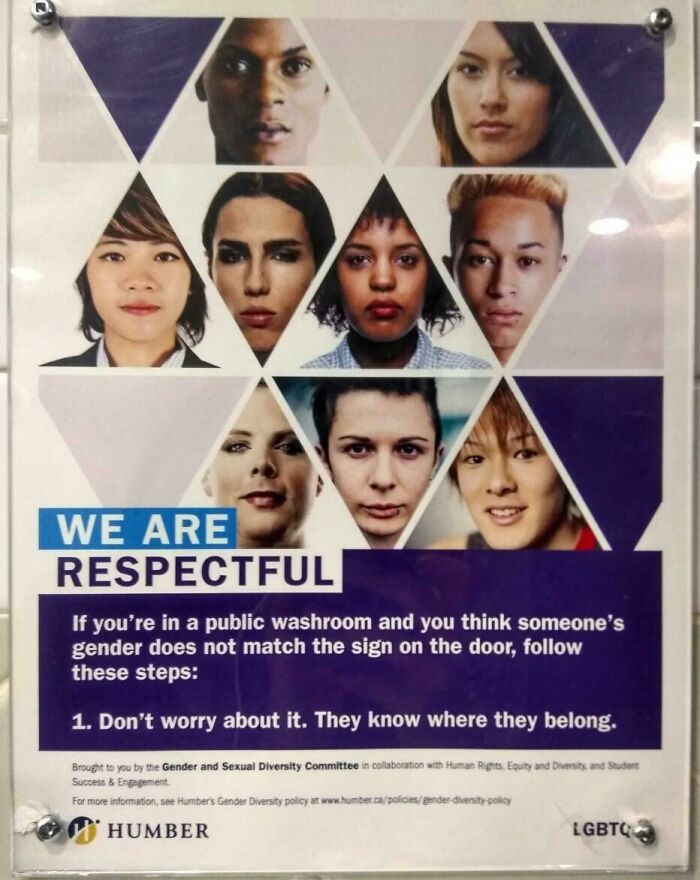 Sign promoting gender diversity and inclusion in public washrooms, encouraging respect and awareness.