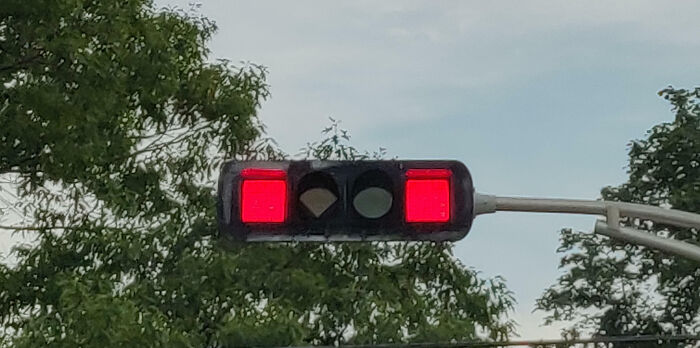 Traffic light with two red signals lit simultaneously, a unique traffic feature seen in Canada on a clear day with trees in background