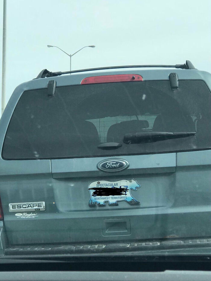 Blue Ford Escape SUV with a polar bear-shaped Northwest Territories sticker on the back, illustrating things that only happen in Canada.