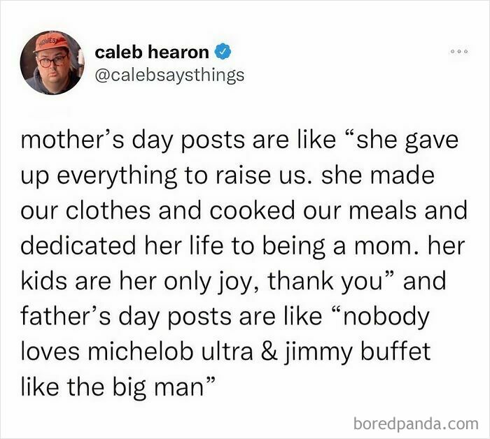 Relatable meme comparing Mother's Day and Father's Day posts humorously.