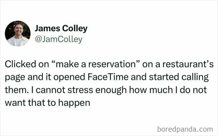 Relatable meme about accidentally starting a FaceTime call while trying to make a restaurant reservation.