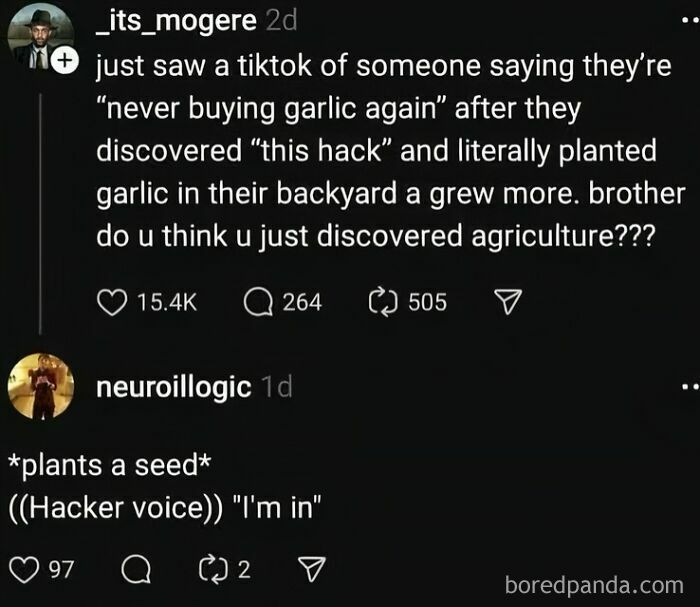 Text exchange about discovering agriculture humorously with relatable memes theme.