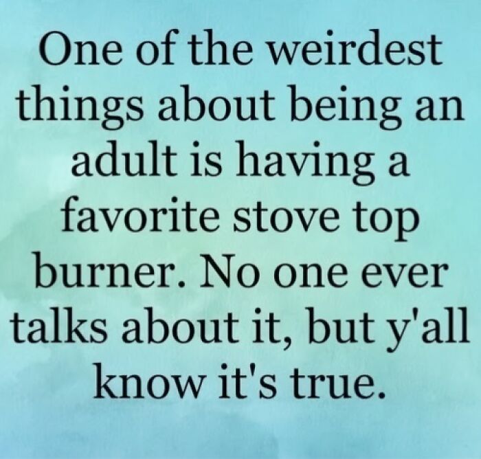 Text on a textured background reads, "One of the weirdest things about being an adult is having a favorite stove top burner." Parenting memes humor.