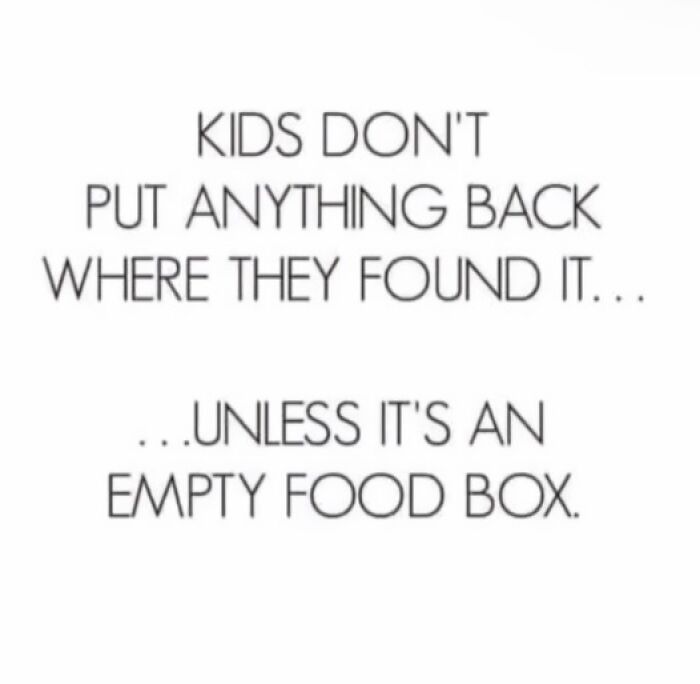 Parenting meme text reads: "Kids don't put anything back... unless it's an empty food box."