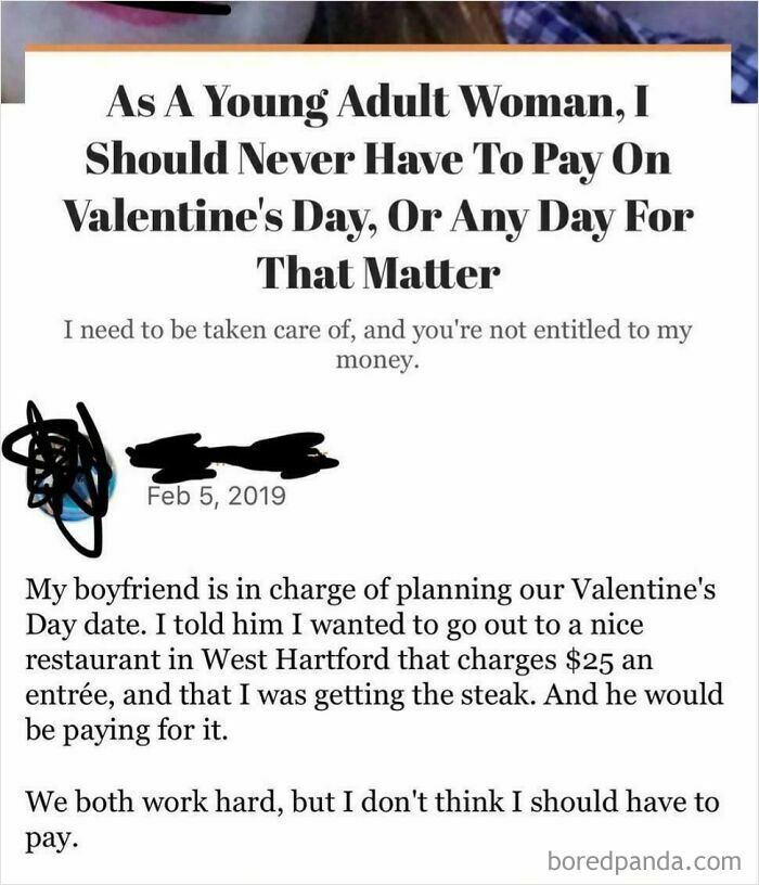 Text post about entitled expectations for Valentine's Day expenses by a young woman.