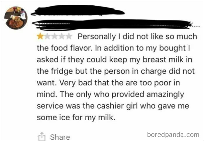 Review text from an entitled customer unhappy with food and fridge service, praising a cashier for helping with ice.