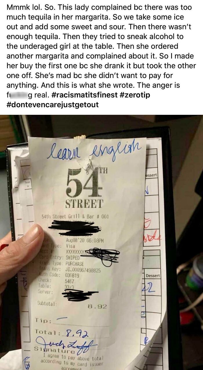 Receipt with handwritten note saying "learn English," illustrating mildly infuriating server tips.